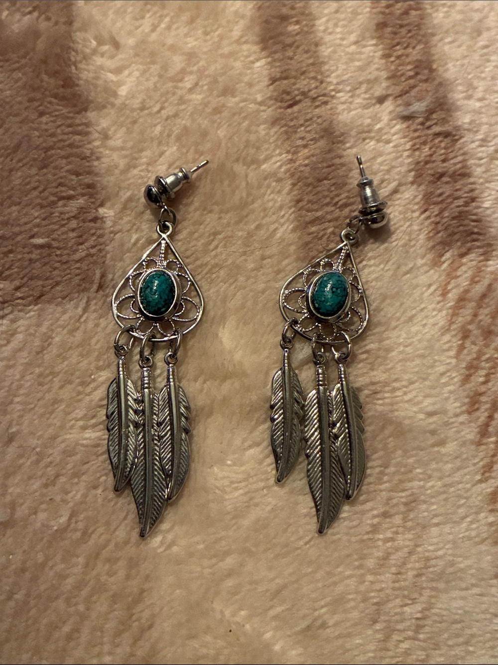 Silver-Tone Feather Drop Earrings with Turquoise Stone